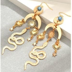 Mystical Serpent & Cosmic Gold Charm Earrings Witchy Bohemian Goddess Jewelry